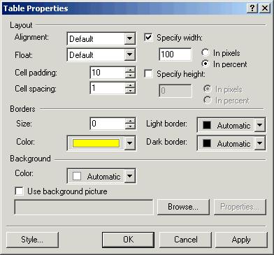 Chapter Seven: Working with Tables 203 Lesson 7-11: Formatting Cell Padding Adjust how many pixels of space you want between the text and the cell borders Figure 7-28 The Table Properties dialog box