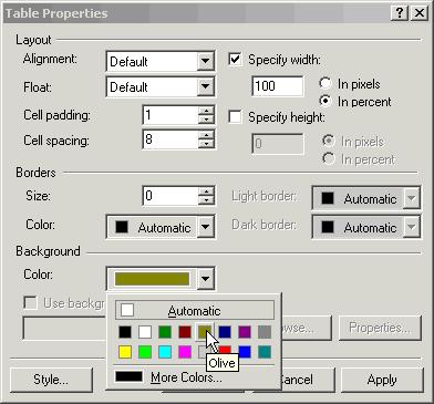 210 Microsoft FrontPage 2000 Lesson 7-15: Adding a Background Color to a Table Figure 7-39 The Table Properties dialog box Click the Color list button to view a list of all the background colors from