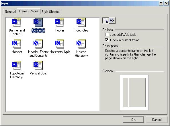 220 Microsoft FrontPage 2000 Lesson 8-1: Create Frames Figure 8-1 The Frames Pages tab of the New page dialog box Figure 8-2 A new page in frame format Select the frame template you want to use for