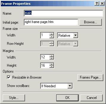 224 Microsoft FrontPage 2000 Lesson 8-4: Change Frame Properties Figure 8-7 The Frame Properties dialog box The page which will appear in the frame.