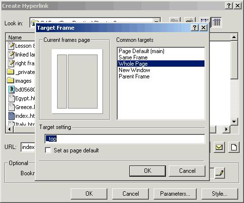 226 Microsoft FrontPage 2000 Lesson 8-6: Exit Frames Figure 8-9 The Target Frame dialog box over the Create Hyperlink dialog box Figure 8-10 The frame with the exit frame hyperlink The page of the