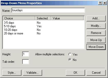 240 Microsoft FrontPage 2000 Lesson 9-5: Add a Drop-Down Menu Figure 9-9 The Drop-Down Properties dialog box Figure 9-10 The Add Choice dialog box Figure 9-11 Click the Add button to add another