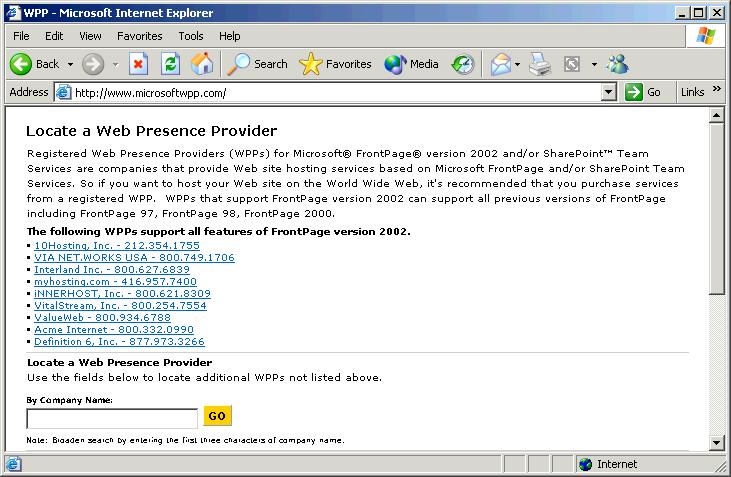 272 Microsoft FrontPage 2000 Lesson 12-1: Choose a Web Presence Provider Figure 12-1 The Microsoft page for locating a WWP Figure 12-1 The main thing you need to publish a Web site onto the Internet