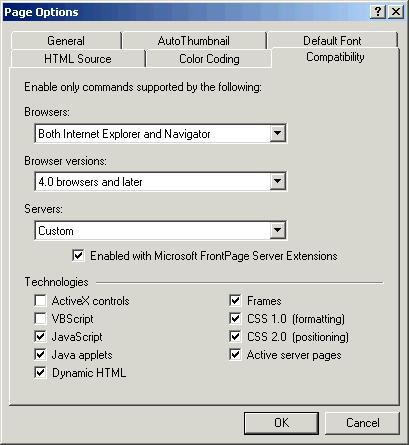 276 Microsoft FrontPage 2000 Lesson 12-3: Change a Web Site s Page Options Figure 12-3 The Compatibility tab of the Page Options dialog box Technologies you can choose to support your Web site