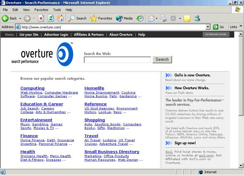 280 Microsoft FrontPage 2000 Lesson 12-6: Promote Your Web Site Figure 12-7 The Overture Web site is a great tool for advertising on the Internet Figure 12-8 Google is a