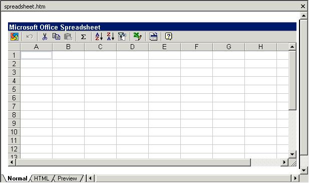 290 Microsoft FrontPage 2000 Lesson 13-3: Inserting a Spreadsheet Component Figure 13-6 A newly inserted spreadsheet component Figure 13-7 Title bar Spreadsheet Component toolbar The Spreadsheet