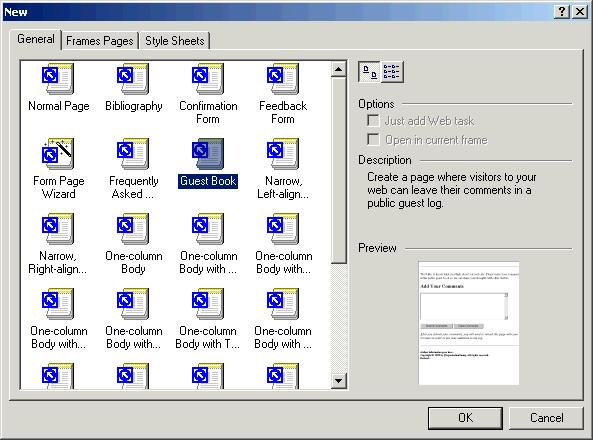 40 Microsoft FrontPage 2000 Lesson 2-2: Create a Web Page from a Template Figure 2-2 The New dialog box Figure 2-3 The Guest Book Template A preview of the template appears when it is selected.