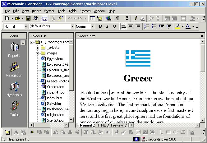 82 Microsoft FrontPage 2000 Lesson 3-3: Using the Folder List Figure 3-5 The Greece page with the Folder List displayed Figure 3-6 The Greece page without the Folder List Folder