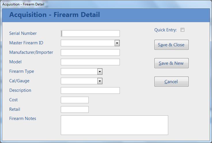 To use the Firearm Detail form to enter firearms on an Acquisition form, click the <Add Firearms> button on the ribbon menu.