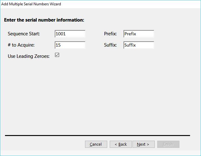 2. Select an option for entering serial numbers and click <Next>. a. Specifying a range of sequential serial numbers requires you to specify a starting number portion of the serial number and the total number of serial numbers to add.
