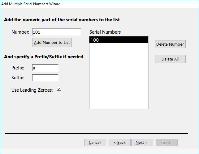 b. Entering serial numbers in a list option requires you to type in serial numbers. Type the first Number part of the Serial Number into the box.