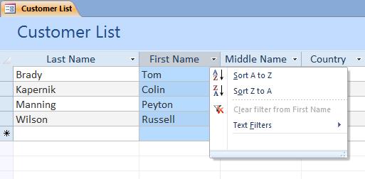 Sorting Example 2 Clicking on the arrow indicator just to the right each column header, you are provided a choice for both sorting and filtering.