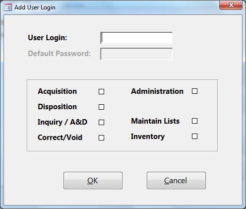 Adding a User Login 1. Select the <User Login> menu option in the Setup group on the Administration ribbon menu. 2. On the User Login List, click the <Add> button. The following form will display: 3.