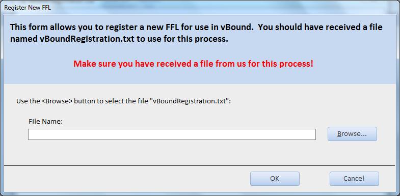 New Registration To begin using vbound for your FFL, you must purchase a registration license. Once a license is purchased, a Registration File will be emailed to you.
