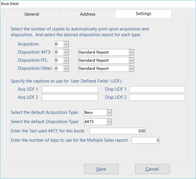 Settings Tab You may specify 0-3 copies of a report to print for acquisitions or the three different types of dispositions. Default is 0 and no report will print.