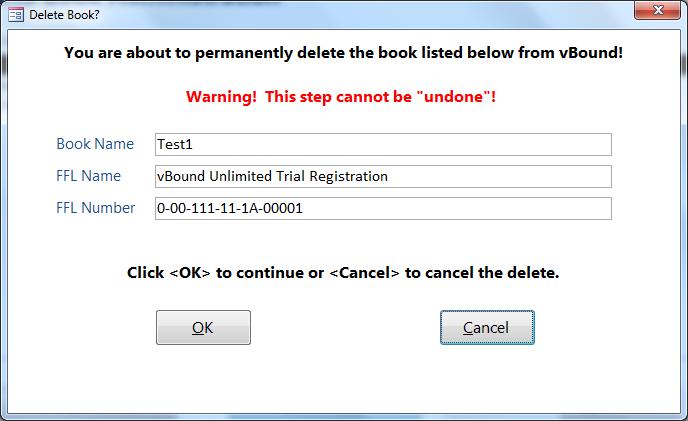 Delete a Book Please note that while vbound does allow you to delete a book, this is a permanent delete and should only be used when you are absolutely