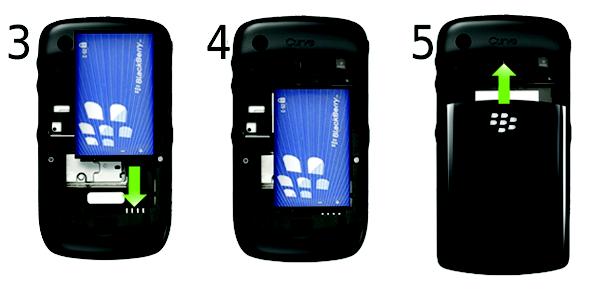 2. Insert the battery so that the metal contacts on the battery align with the metal contacts on your BlackBerry device (3), and press down to secure the battery (4).