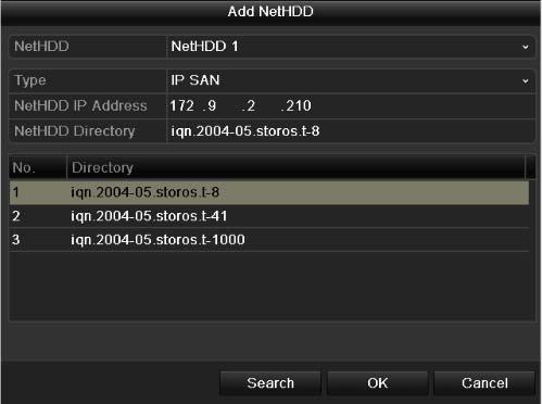 1) Enter the NetHDD IP address in the text field. 2) Enter the NetHDD Directory in the text field. 3) Click the OK button to add the configured NAS disk. Note: Up to 8 NAS disks can be added.