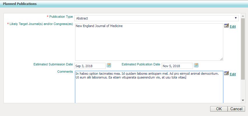 Post Submission Planned Publications Enter your planned publications on the Study Outline tab. Click Add to open the Planned Publications window.