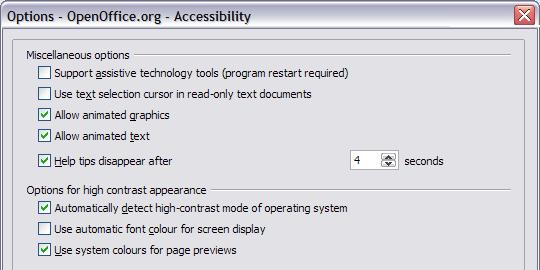 Figure 15: Choosing accessibility options Java options If you install or update a Java Runtime Environment (JRE) after you install OpenOffice.