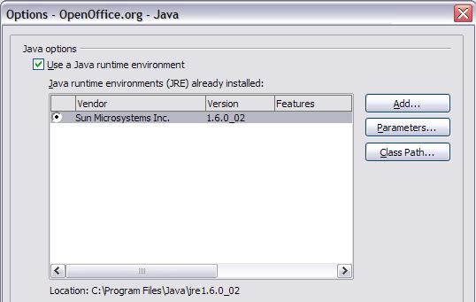 Figure 16: Choosing a Java runtime environment If you are a system administrator, programmer, or other person who customizes JRE installations, you can use the Parameters and