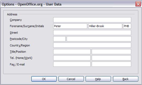 Figure 2: Filling in user data General options The options on the OpenOffice.org General page are described below.