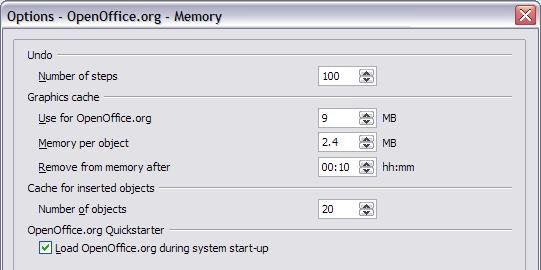 Memory options In the Options dialog, click OpenOffice.org > Memory. Some considerations: More memory can make OpenOffice.