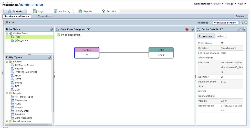 The following figure shows a deployed data flow in the Data Flow Designer pane: The Data Flow Designer pane shows a Flat File source service connected to an HDFS target service in a data flow named