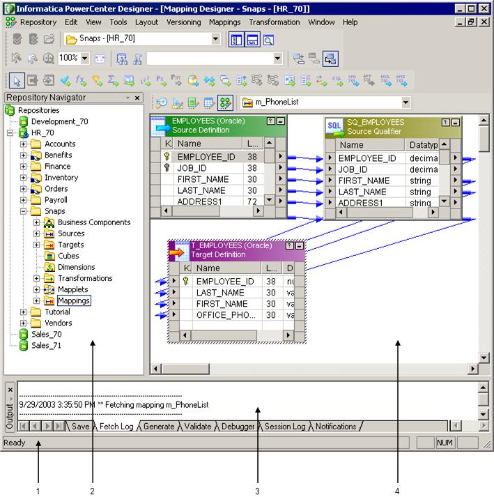 Mapping Designer. Create mappings. Designer Windows The Designer consists of the following windows: Navigator. Connect to multiple repositories and folders.