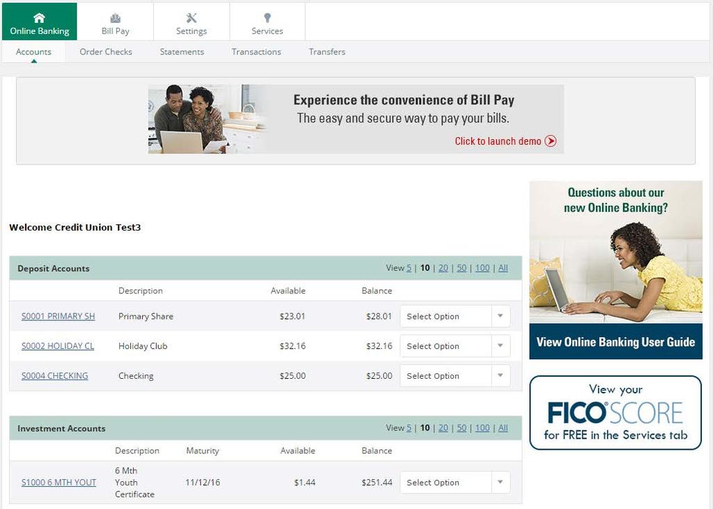 Online Banking Home Page Account Listing Displays shares, loans and other accounts linked to Online Banking and balance of those accounts. Account Listing serves as the landing page upon login.
