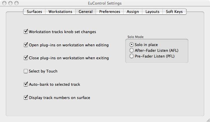 5.3 General This tab controls how the MC Mix and application software work together. 44 5.3.1 General Preferences Figure 5-4 General tab Workstation tracks knob set changes The workstation is aware of which knobset is selected and displays appropriate controls.