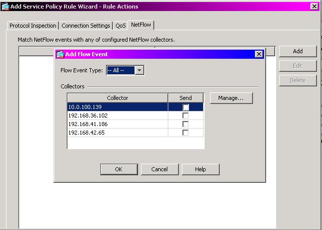 SmartConnector for IP Flow (NetFlow/J-Flow) 6 The Add Service Policy Rule Wizard Rule Actions window is displayed. Click the NetFlow tab. NetFlow packets can be sent to up to five collectors.