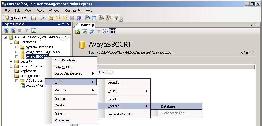 Right-click and kill the processes connected to the AvayaSBCCRT database. Click Refresh to check that the processes have stopped.