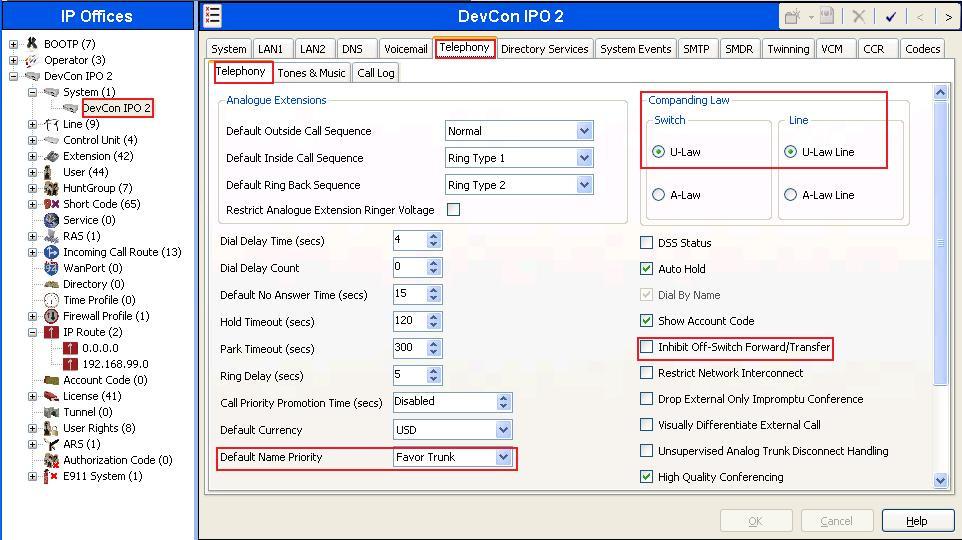 5.3 System Telephony and Codecs Navigate to the System (1) DevCon IPO 2 in the Navigation Pane then select Telephony Telephony tab in the Details Pane.