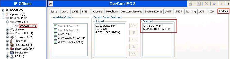 For Codecs settings, navigate to the System (1) DevCon IPO 2 in the Navigation Pane, and then select Codecs.