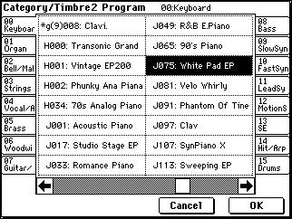 Selecting another program from the same category Adjusting the volume of each timbre Press Volume for timbre (it will be highlighted), and use the [ ][ ] keys or the [VALE] dial to adjust the value.