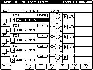 Applying an insert effect to the audio input and sampling the result Press the Input Setup tab to access the P0: Recording, Input/Setup page. Set the Input Pan to C0, and BS to IFX.