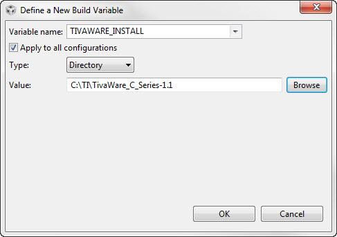 You should see a new variable with name as TIVAWARE_INSTALL, type as Directory and value as ti_installdirectory/tivaware_c_series-2.1.2.111 Click OK again to save and close the Build Properties window.