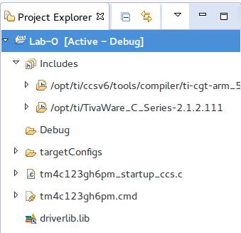 Your project should now look something like the screen capture below. Note the symbol for driverlib.lib denotes a linked file. 2.4.4 Add files to your project Now we will add lab-0.c to the project.