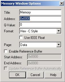 The Memory Window Options dialog box allows you to specify various characteristics of the Memory window.