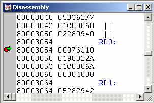 Basic Debugging 5.2.7 Disassembly/Mixed Mode Disassembly When you load a program onto your actual or simulated target, the debugger automatically opens a Disassembly window.