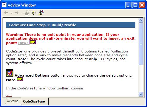 Application Code Tuning At the top of the Advice Window there is a toolbar that provides buttons for Internet style navigation of advice pages as well as buttons for opening the main advice pages.