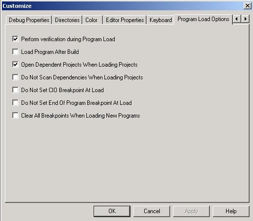 Setting Up Your Environment for Debug Program Load Options The Program Load dialog box enables you to select actions that will occur automatically when you load a