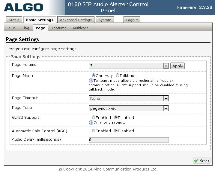 Select Basic Settings Page from the top menu, to display the Page Settings below.