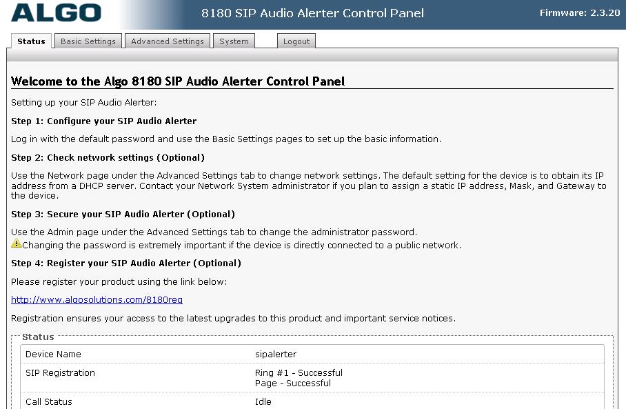 7.2. Verify Algo 8180 SIP Audio Alerter From the Algo 8180 SIP Audio Alerter web-based interface, select Status from the top menu.