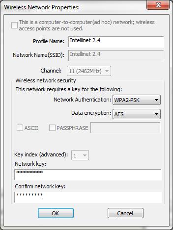 3. Input the security setting required for the wireless network you are trying to connect to and click OK to start the network connection. 1.2.
