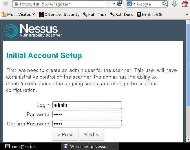 Now move to the next page were you will configure the Nessus user.