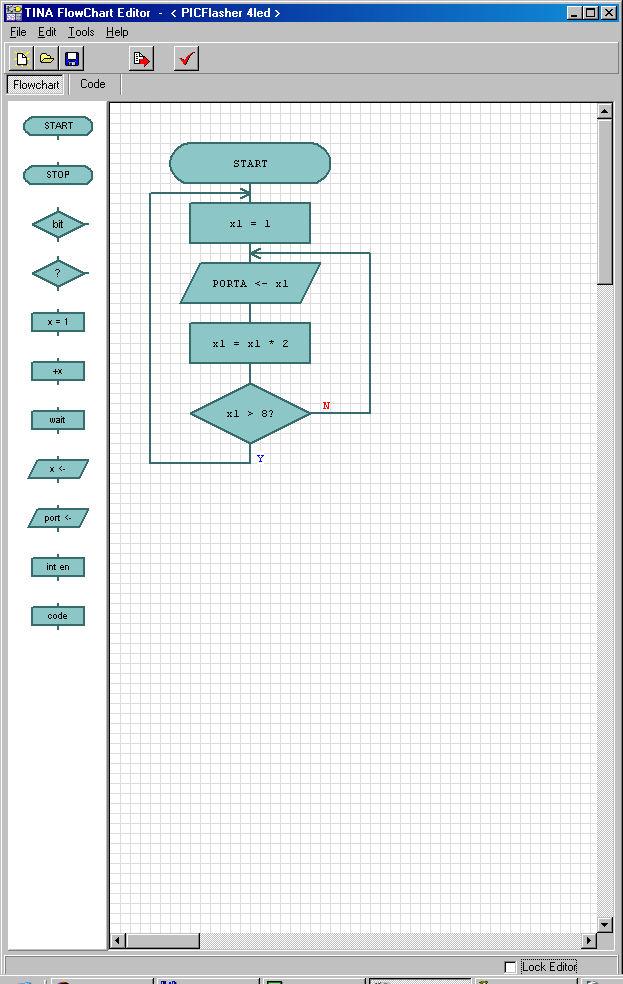 Check the flowchart with the Check Flowchart button. You can switch to the Code tab, to check the generated assembly code.