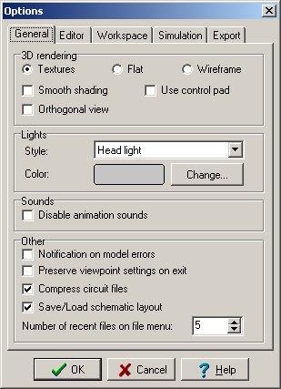 6.3 Options Use this menu to open the options dialog where you can set several editing, simulation and other options. 6.3.1 General Page In this page you can set the main 3D rendering, sound and file management options.