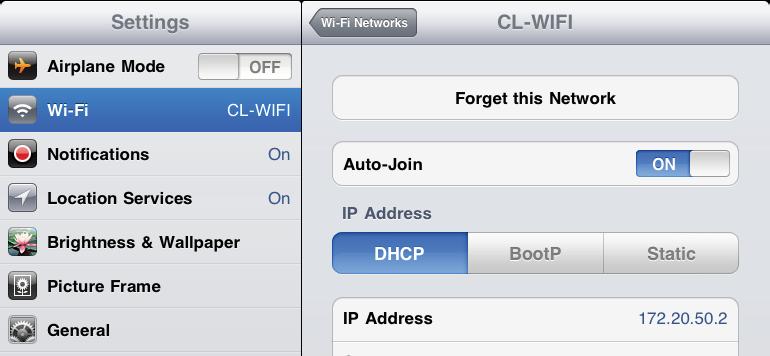 Touch the access point in the list that has the SSID of the CL-WIFI interface. If no WEP security has been enabled on the CL-WIFI, skip to step 5.